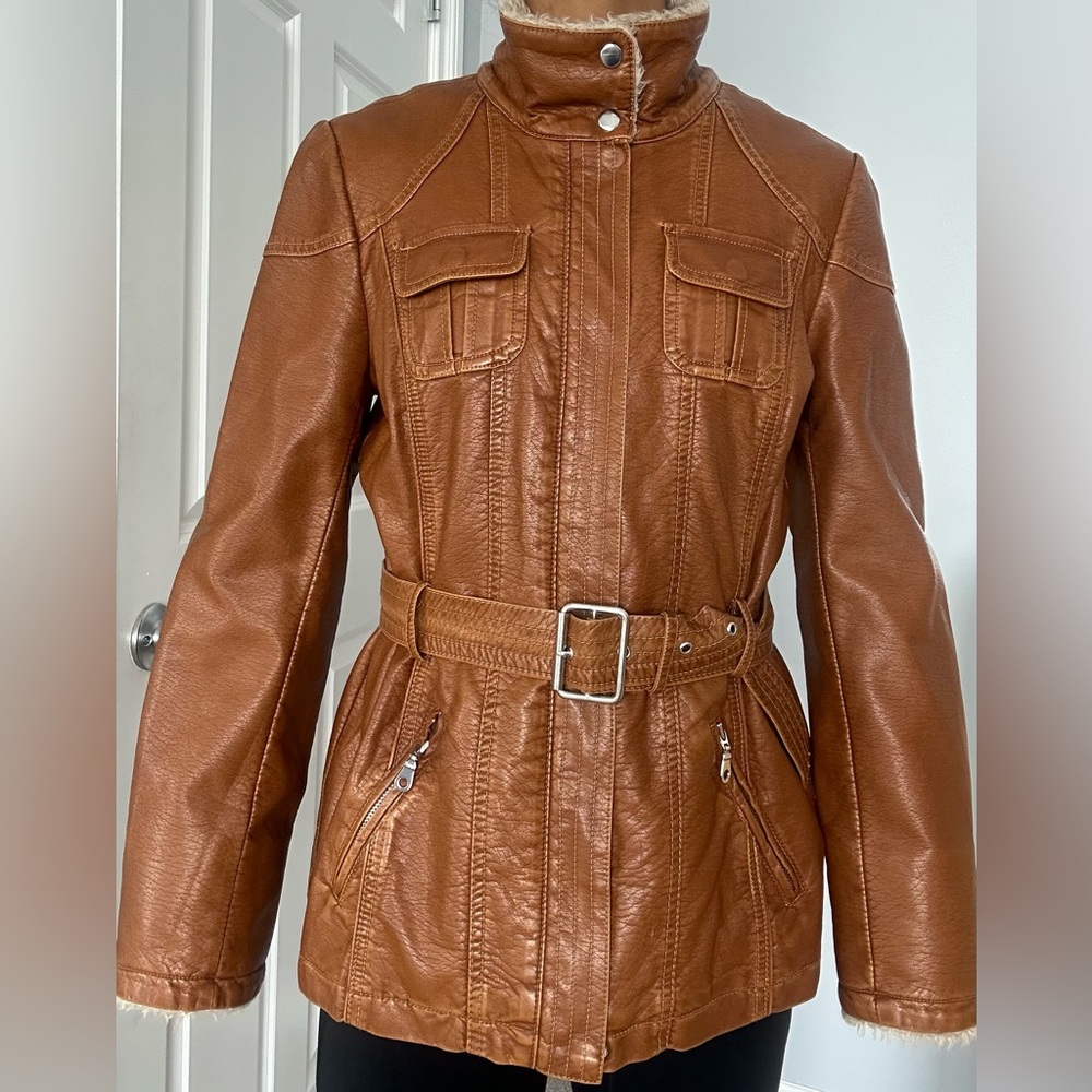 Le Chateau Tan Faux Leather Belted Jacket